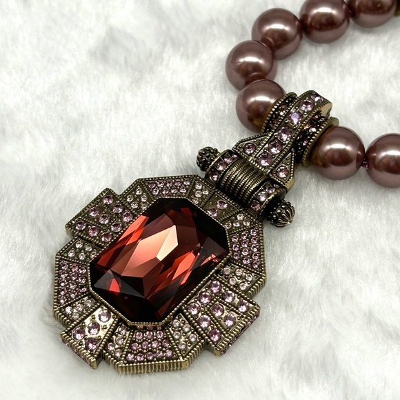💎 Heidi Daus Dazzling Art Deco Mauve Pearl Pendant Crystal Necklace 17-21” EUC 💎 - Picture 11 of 16